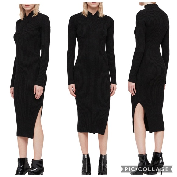 All Saints Dresses & Skirts - All Saints Vries Black Sweater Midi Dress w V Neck